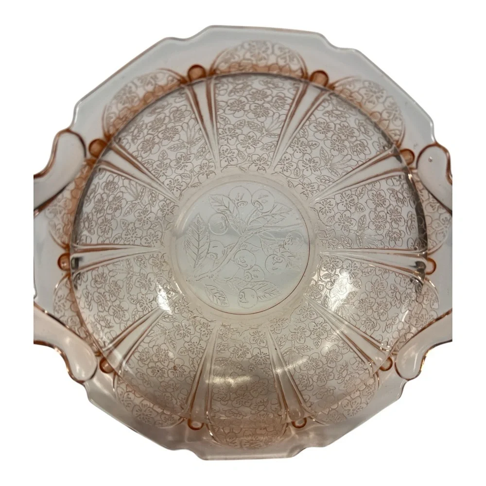 Vtg. Pink Depression Jeannette Glass Co. Cherry Blossom Pattern Bowl w/ Handles